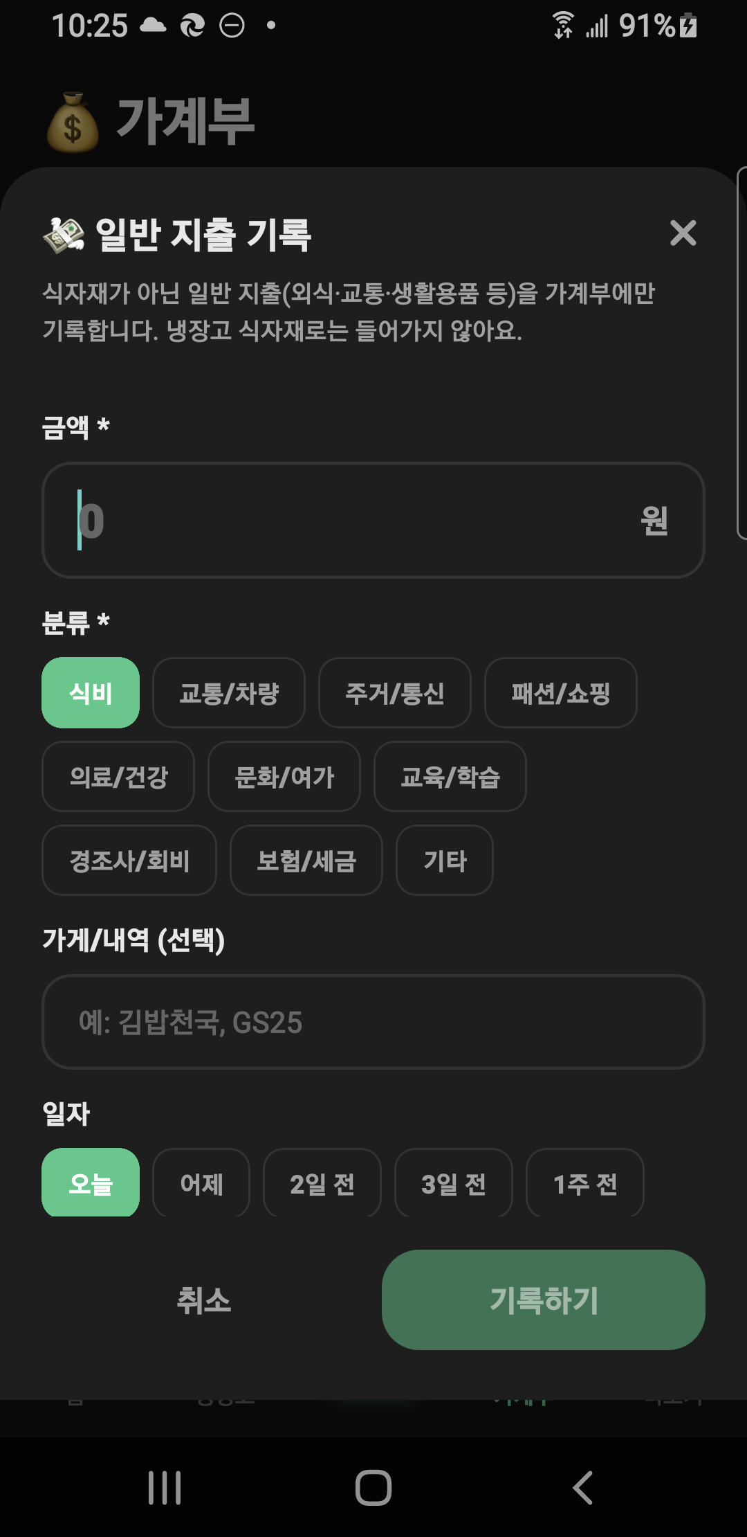 일반 지출 기록 모달 — 금액·분류(식비/교통/주거/···)·가게/내역·일자 입력. item_count=0으로 저장되어 가계부 일반 지출 버킷에 분류.